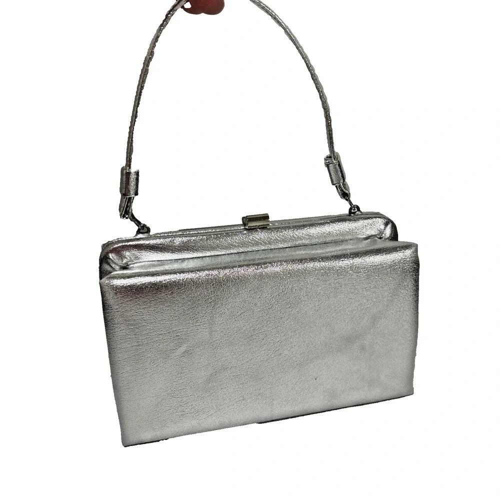 Vintage Silver Metallic Evening Bag Mid Century Top Handle Dressy Event Purse